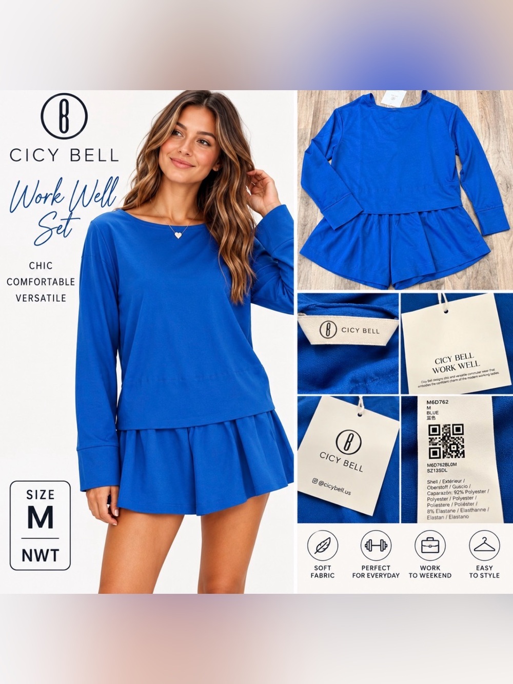 CICY BELL Work Well Blue Long Sleeve Romper – Size Medium – NWT
